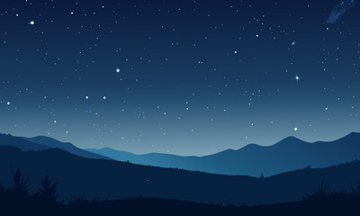 夜空と山のシルエット背景。星空、夕暮れ、幻想的な風景のベクターイラスト。
