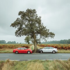 Fototapeta premium A silver sedan is wrecked against a tree after colliding with a red coupe du an accident on a rural road on a cloudy day after an auto collision.
