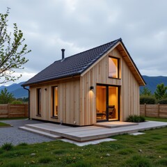 Obraz premium Accessory dwelling unit or ADU concept. Modern wooden cabin with large windows set in a fenced yard, surrounded by mountains and greenery.