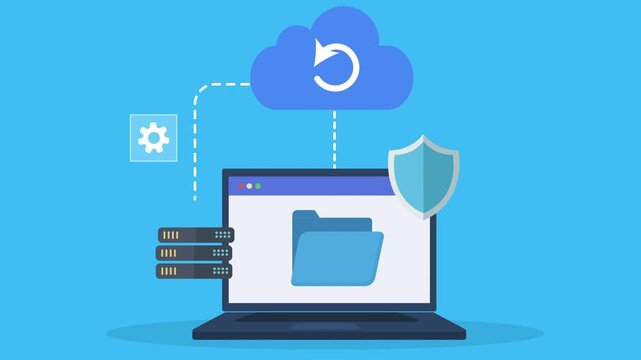 Flat vector animation showing cloud refresh and secure data backup with laptop, server storage, network connection, and cybersecurity protection concept.
