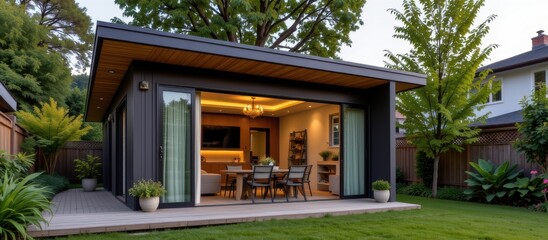 Fototapeta premium Accessory dwelling unit or ADU concept. Modern backyard dining area with open sliding glass doors and stylish outdoor furniture