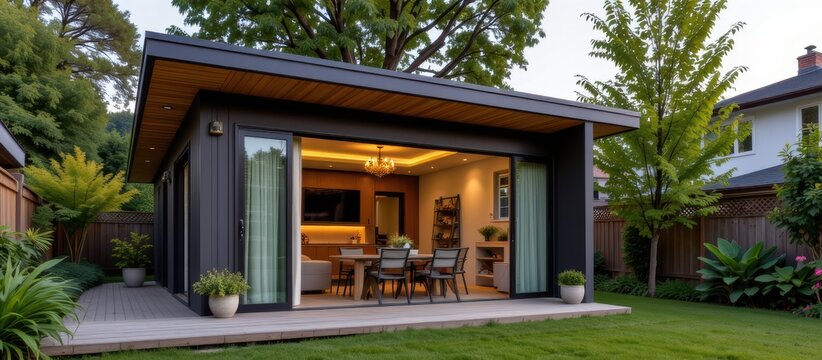 Accessory dwelling unit or ADU concept. Modern backyard dining area with open sliding glass doors and stylish outdoor furniture