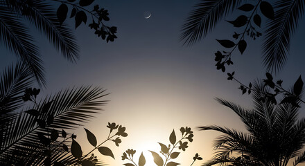 Fototapeta premium Silhouetted tropical foliage and flowers against a bright sunrise sky with a faint crescent moon