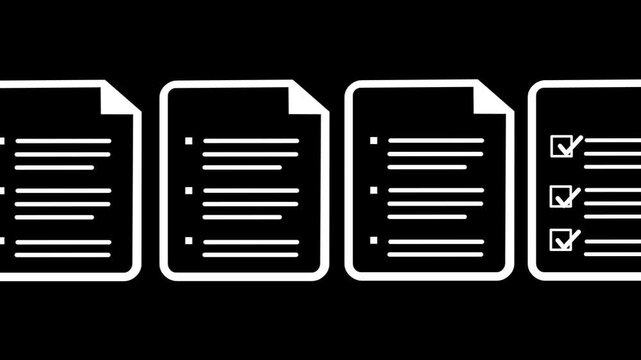 Animation of documents that scroll by and are highlighted one by one until reaching one with a checklist