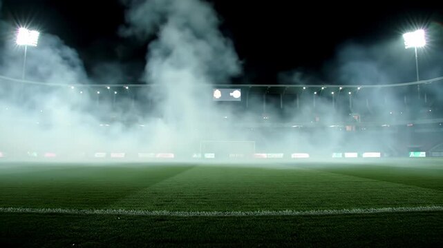 A smoky stadium at night. The field is green, lit by bright lights. Smoke obscures the stands, scoreboard visible in background
