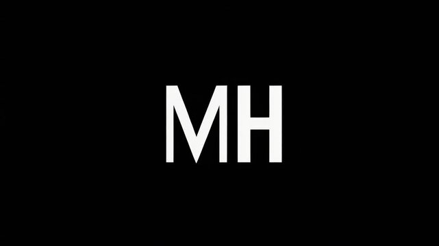 A stark, minimalist design features the letters 'MH' in white, prominently displayed against a solid, black background. It is a simple composition