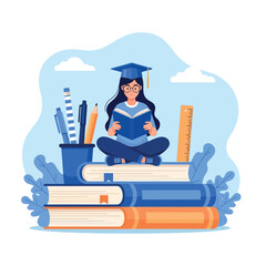 Young Woman Graduate Studying Sitting on a Pile of Books