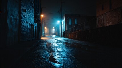 Fototapeta premium alleyway. Moody urban alleyway with wet pavement reflecting neon lights in atmospheric fog. travel magazines, destination branding, designed for travel destination branding.