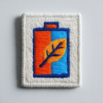 Embroidered patch stylized battery with leaf, split orange/blue, white border