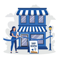 Woman Cutting Ribbon for Shop Reopening