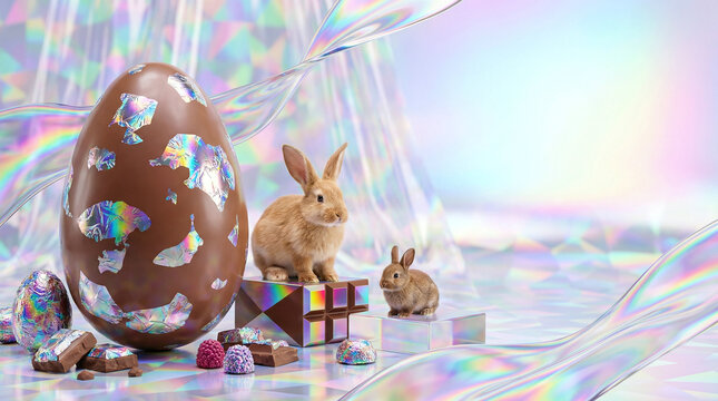  two rabbits, one standing on a small chocolate box, the other on the floor, next to a large chocolate Easter egg with colorful foil patches.