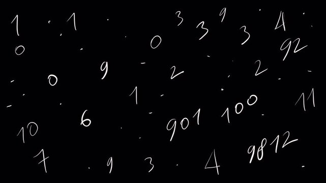Doodle animation with sketch numbers on black screen. Old notes and calculation effect for education overlay. Chaotic changing sums in 4K with alpha channel.