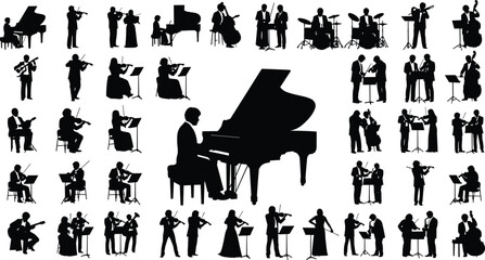 Black silhouettes of classical musicians playing instruments like piano, violin, cello, and drums in an orchestra, isolated on white background, vector. © "Hello"