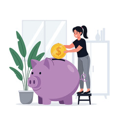 Young Woman Saving Money In Giant Piggy Bank Illustration