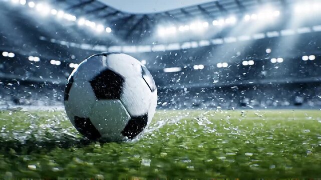 Dynamic close-up of a soccer ball on a rain-soaked green field within a brightly lit sports arena, symbolizing passion and challenge in competitive sports