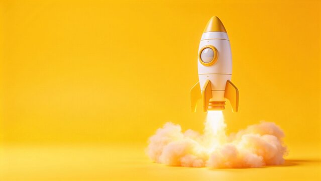 Minimal 3D rocket launching with smoke on bright yellow background,startup growth and innovation concept for business success,product launch,and creative development strategy