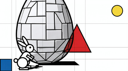 Geometric digital drawing featuring a large, gray, tiled sphere on the left, a small white rabbit with a black dot eye and ear standing beside it, a red triangle in the background.