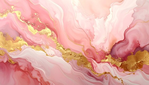 A pink and gold abstract marble design on a white background
