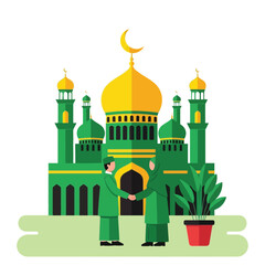 Muslim People Greeting Mosque Illustration