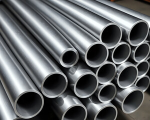 Stacked Aluminum Pipes in Warehouse Close Up Industrial Manufacturing Background