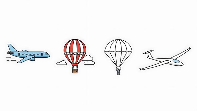 Airplane Helicopter Hot Air Balloon Parachute.