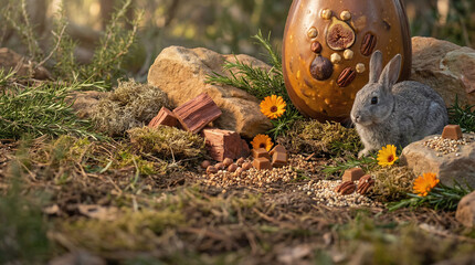 Obraz premium small gray rabbit with textured fur, sitting near a large brown ceramic egg adorned with nuts and seeds, surrounded by rocks, green moss, yellow flowers.