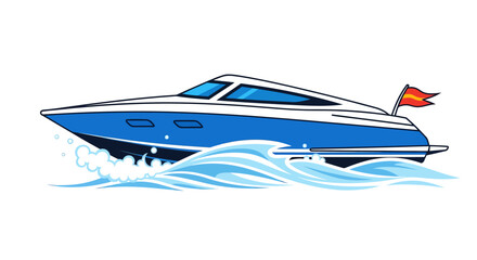 Sleek blue motor yacht speeding through ocean waves with a flag