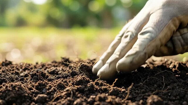 Startup seed technology growth gardener planting seed fertile soil with gloved hand nurturing