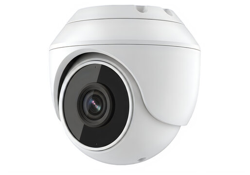 A white security camera with a black lens on a plain white background isolated on white background