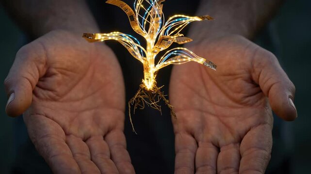 Startup seed technology growth nature glowing flexible circuit plant held hands evoking innovation