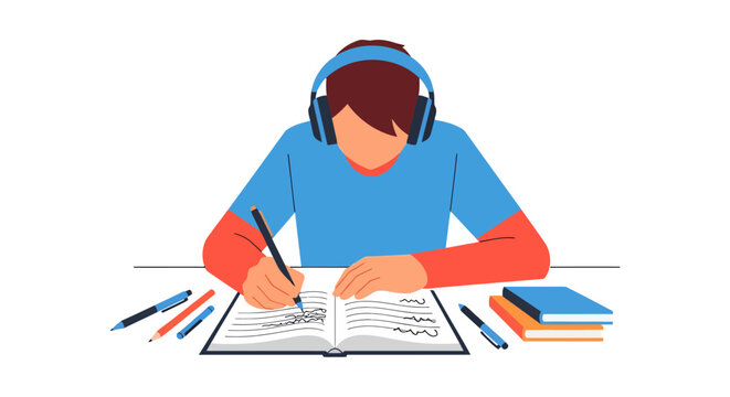 Person wearing headphones studying and writing in a book
