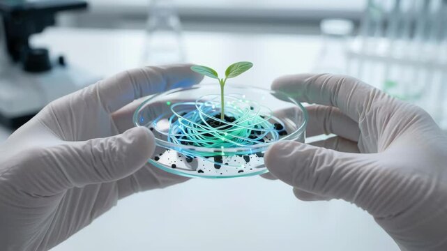 Startup seed technology growth nature lab plant sprout petri dish with glowing fiber network