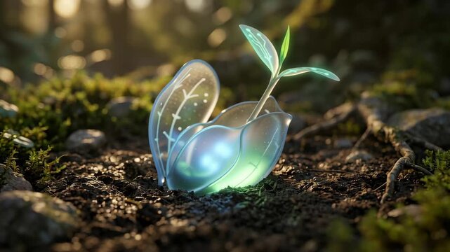 Startup seed technology growth nature glowing futuristic sprout and seedling with circuit leaf