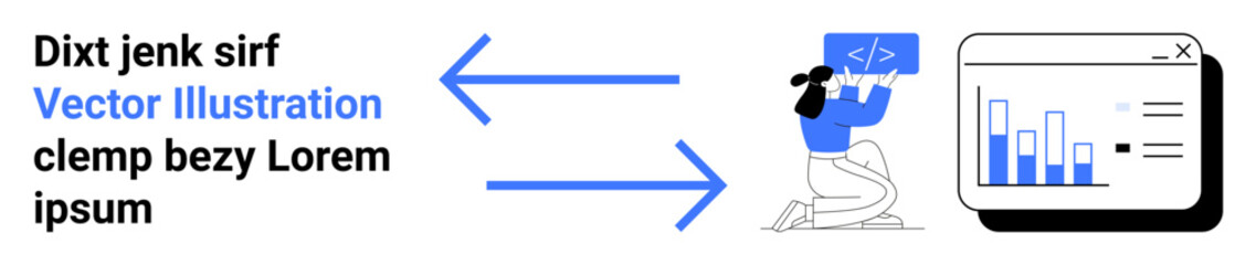 Obraz premium Data visualization, coding, programming, communication, modern software, analytics. A developer holding a coding screen and directional arrows pointing to a graph display. Data visualization
