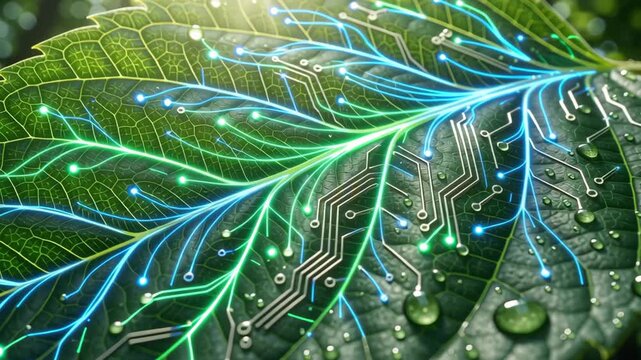 Startup seed technology growth nature glowing leaf circuit veins blending innovation with dew lit