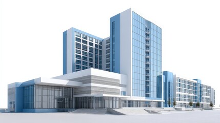 Obraz premium Clean and modern hospital architecture in white and blue tones, isolated on white background