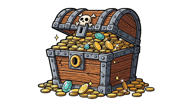 Open Treasure Chest Full of Gold Coins and Gems, Pirate Symbol