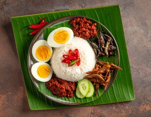 Tradisional Nasi Lemak Served on Banana Leaf 