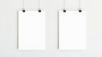 Two blank canvases hanging on a white wall with black strings
