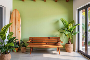 Stylish Tropical Interior with Surfboard, Wooden Bench, and Green Plants against Lime Wall.