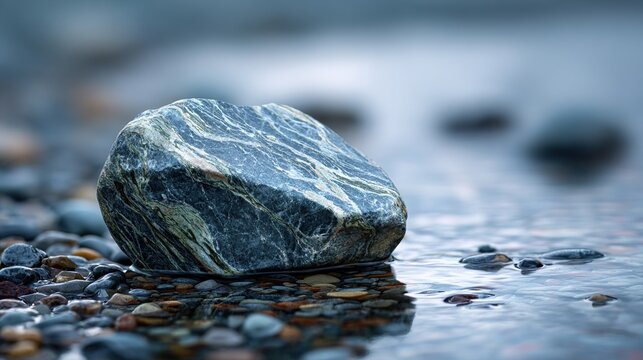 soapstone. Smooth soapstone rock with water-like veining on a pebble riverbed. travel magazines, destination branding, designed for outdoor magazines and nature guides, used by product managers.