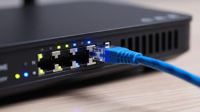 Blue Ethernet cable connected to a network router, showing data activity.