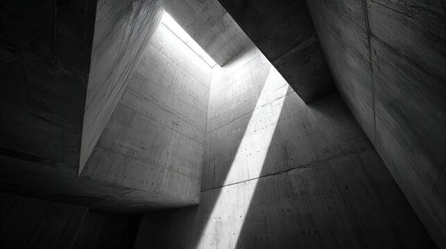 lightwell. A monumental geometric concrete light well with sharp beams of sunlight. real-estate listings, architecture portfolios, designed for real-estate listing and luxury residence showcases.