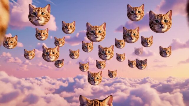 Many cat heads floating in a dreamy, pastel-colored sky with soft clouds, creating a whimsical and surreal scene.