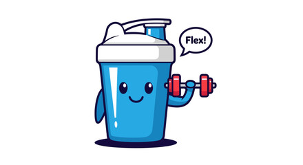 Happy cartoon blue protein shaker bottle character flexing a red dumbbell