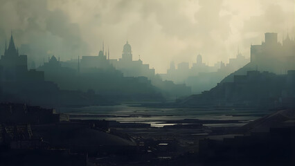 Fototapeta premium Misty cityscape with river flowing through dark landscape