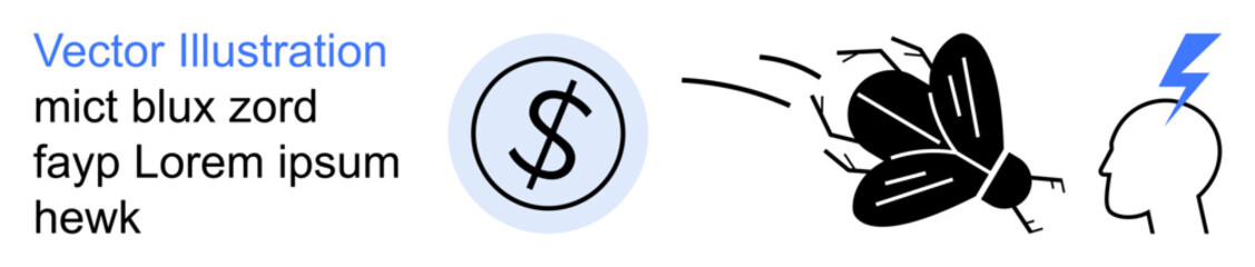 Obraz premium Finance, innovation, problem-solving, brainstorming, concepts, and challenges. A dollar sign, a flying object and a head with a lightning symbol. Finance and innovation concept