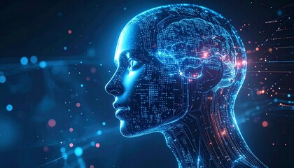 Obraz premium Artificial intelligence human head hologram with code overlay, deep learning concept, digital brain, dark tech background, cinematic lighting, copy space
