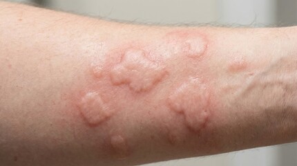 Urticaria hives flare-up on pale skin arm
