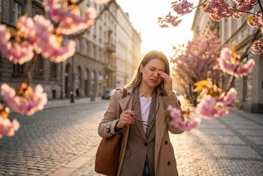 Woman rubbing eyes from pollen allergy on spring street